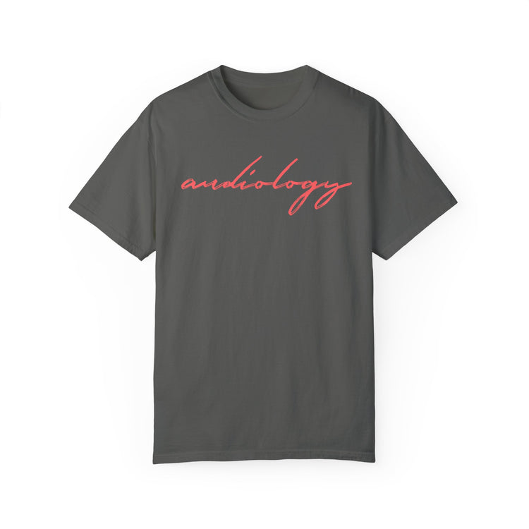 red cursive audiology comfort colors tee
