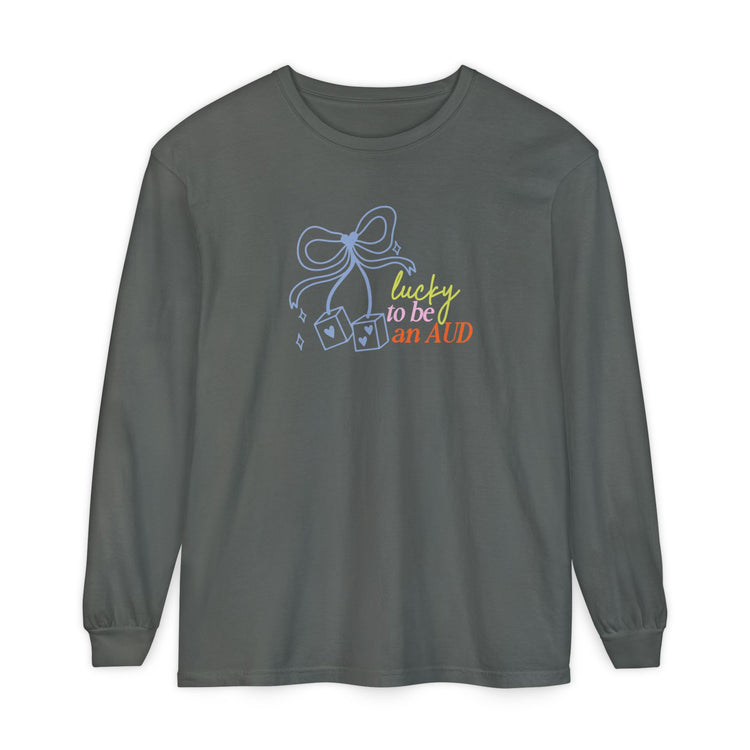 lucky to be an AUD! audiology comfort colors long sleeve tee