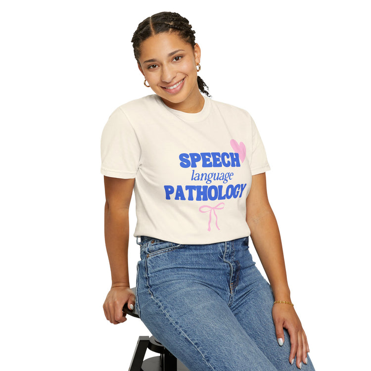 speech language pathology bow + heart comfort colors tee