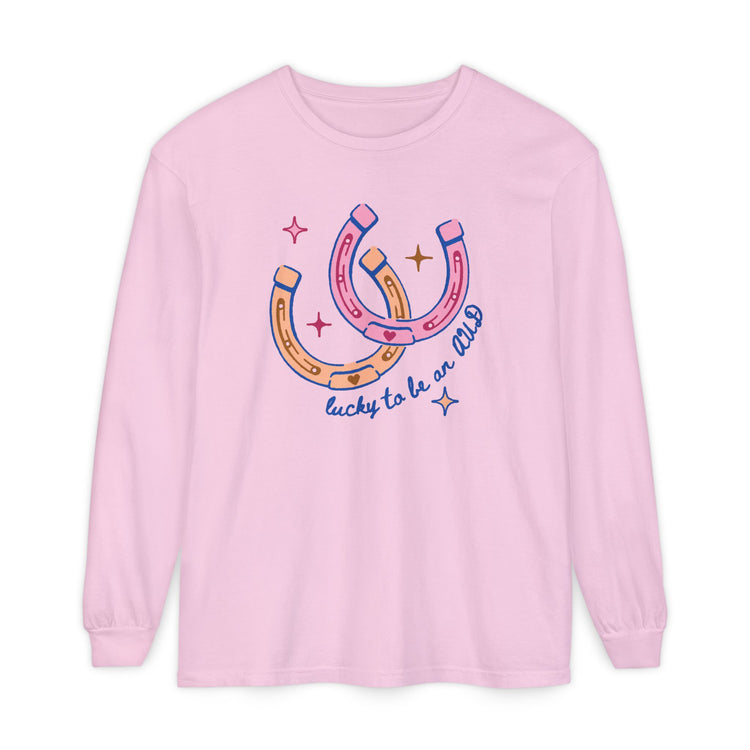 lucky to be an AUD horseshoe comfort colors long sleeve tee