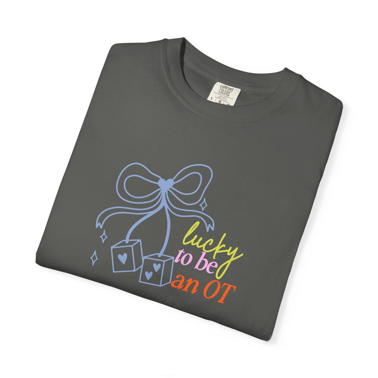 lucky to be an OT dice bow comfort colors tee