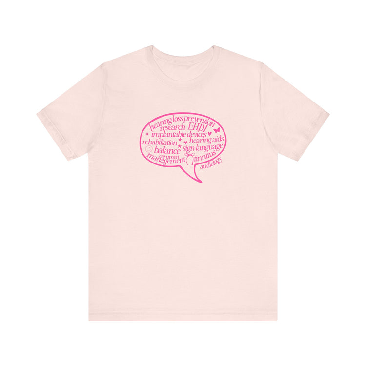 pink audiology scope speech bubble short sleeve tee