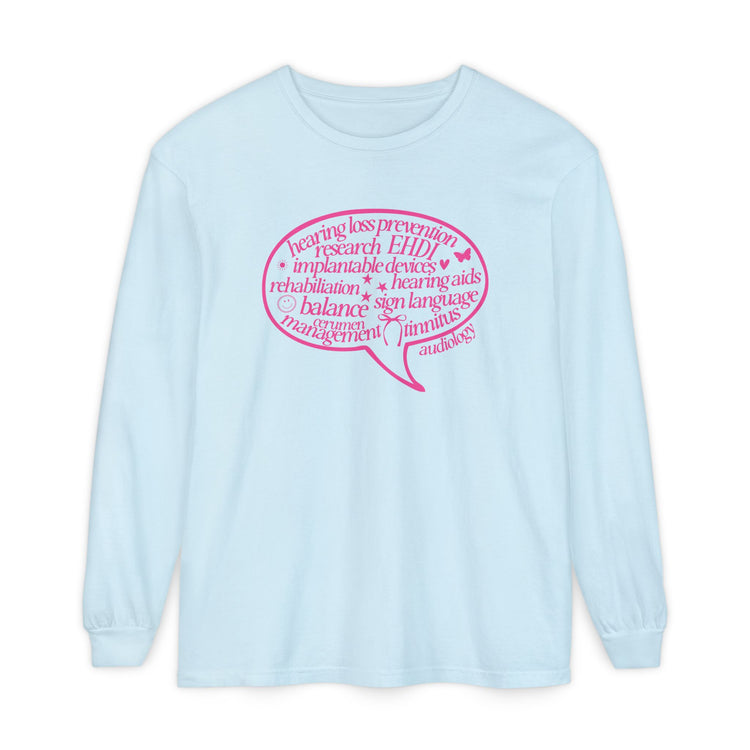 pink audiology scope speech bubble long sleeve tee