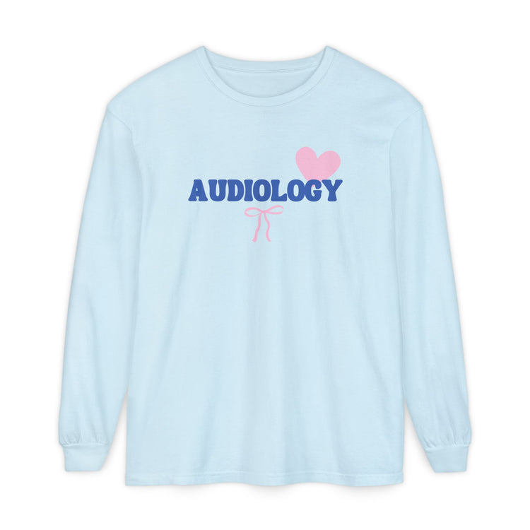 audiology heart + bow comfort colors long sleeve tee