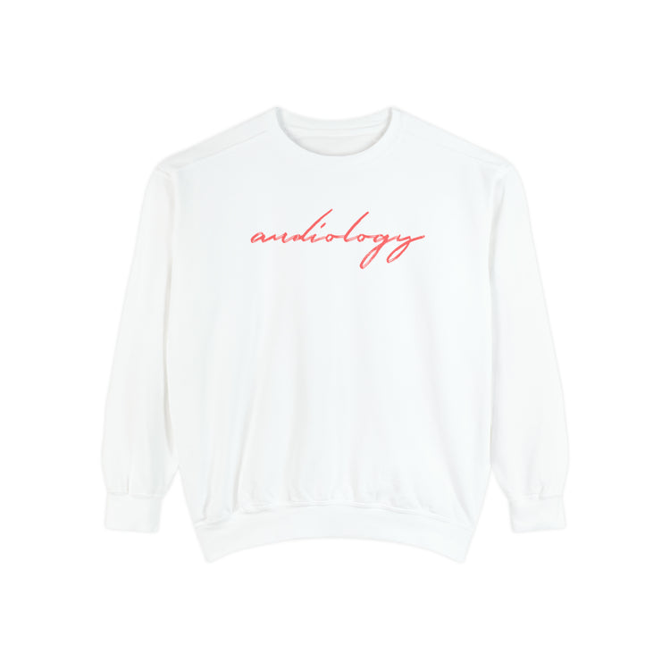 red cursive audiology comfort colors crewneck