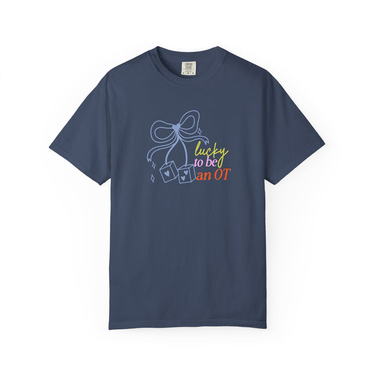 lucky to be an OT dice bow comfort colors tee