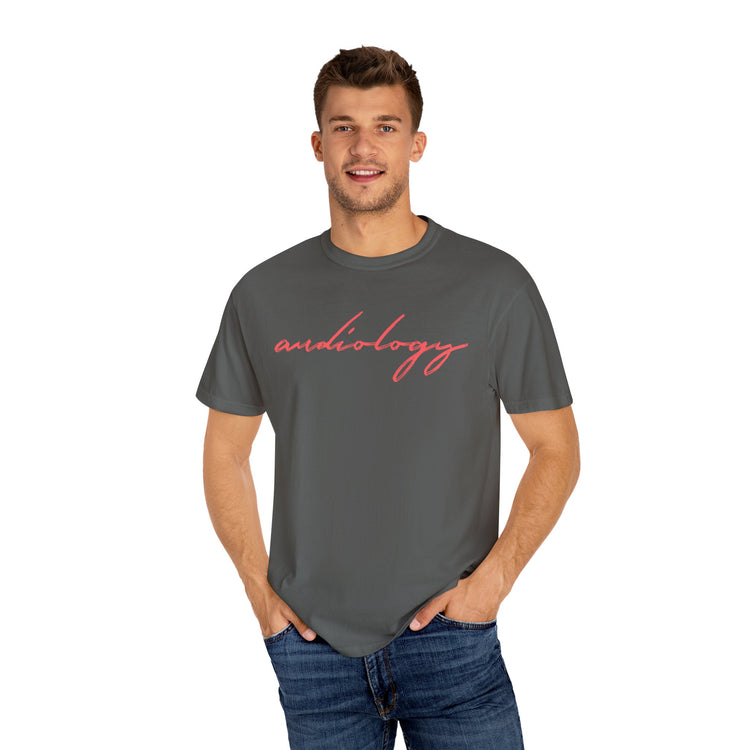 red cursive audiology comfort colors tee