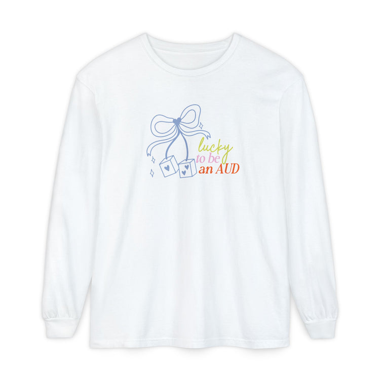 lucky to be an AUD! audiology comfort colors long sleeve tee