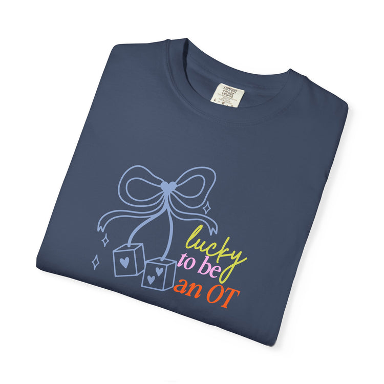 lucky to be an OT dice bow comfort colors tee