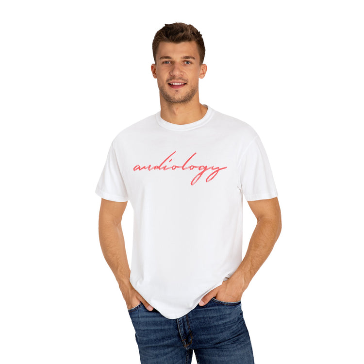 red cursive audiology comfort colors tee