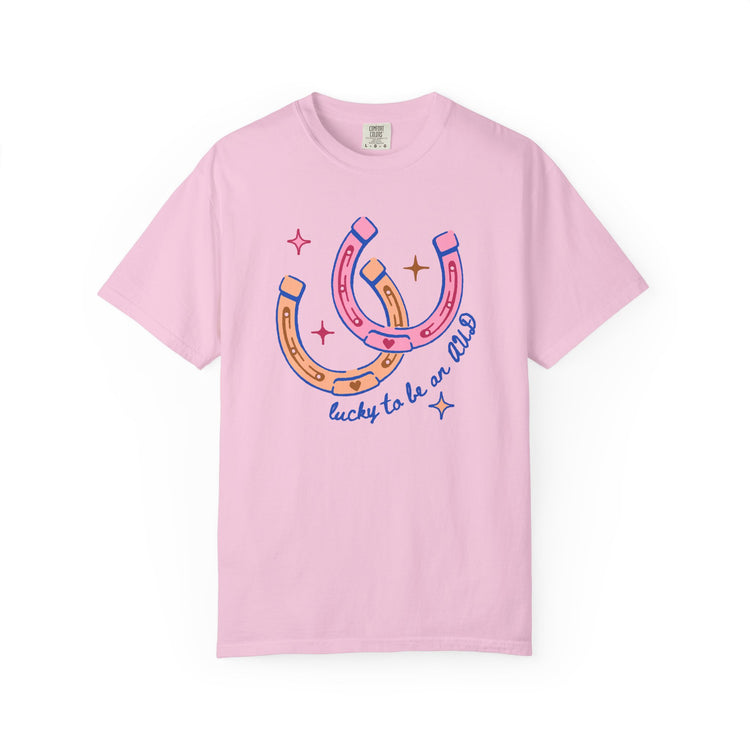 lucky to be an AUD horseshoe comfort colors tee
