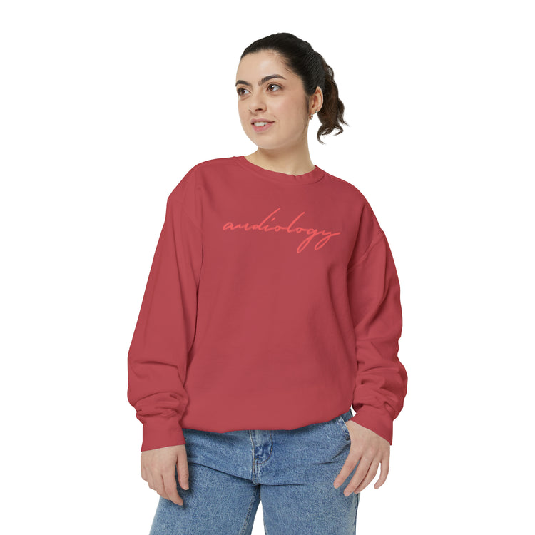 red cursive audiology comfort colors crewneck