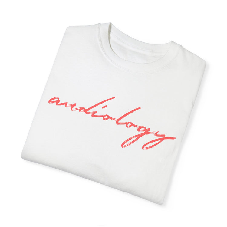 red cursive audiology comfort colors tee