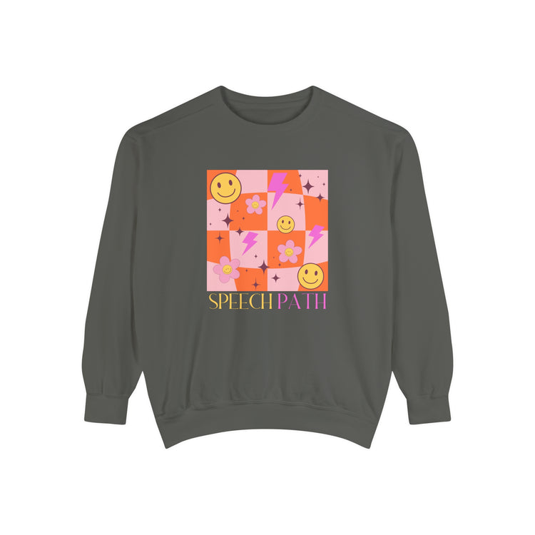speech path disco smiley comfort colors crewneck