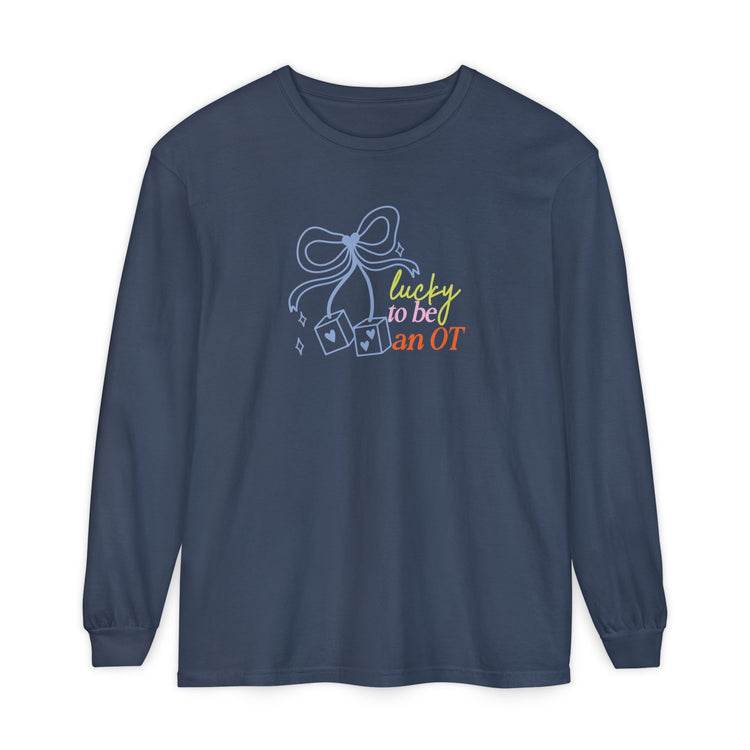 lucky to be an OT dice bow comfort colors long sleeve tee