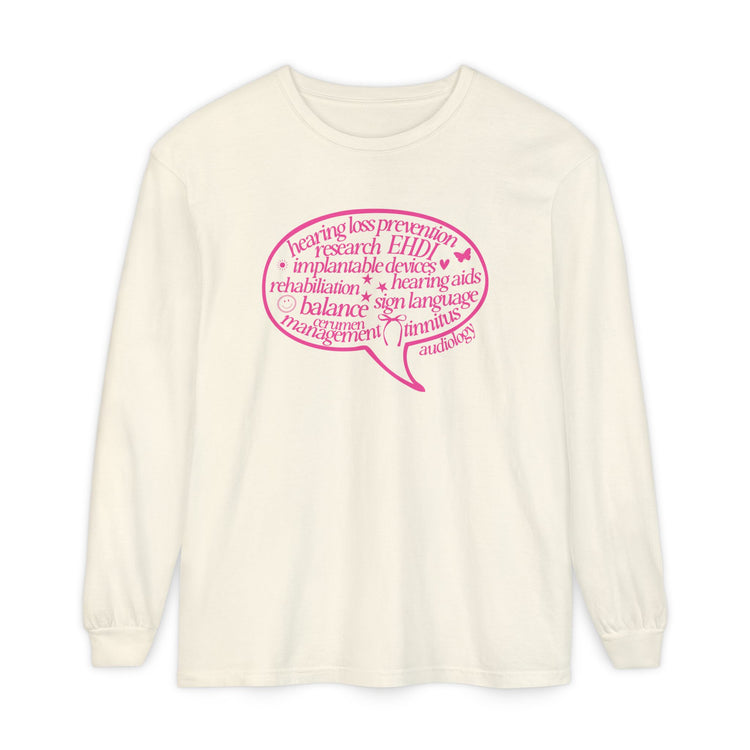 pink audiology scope speech bubble long sleeve tee