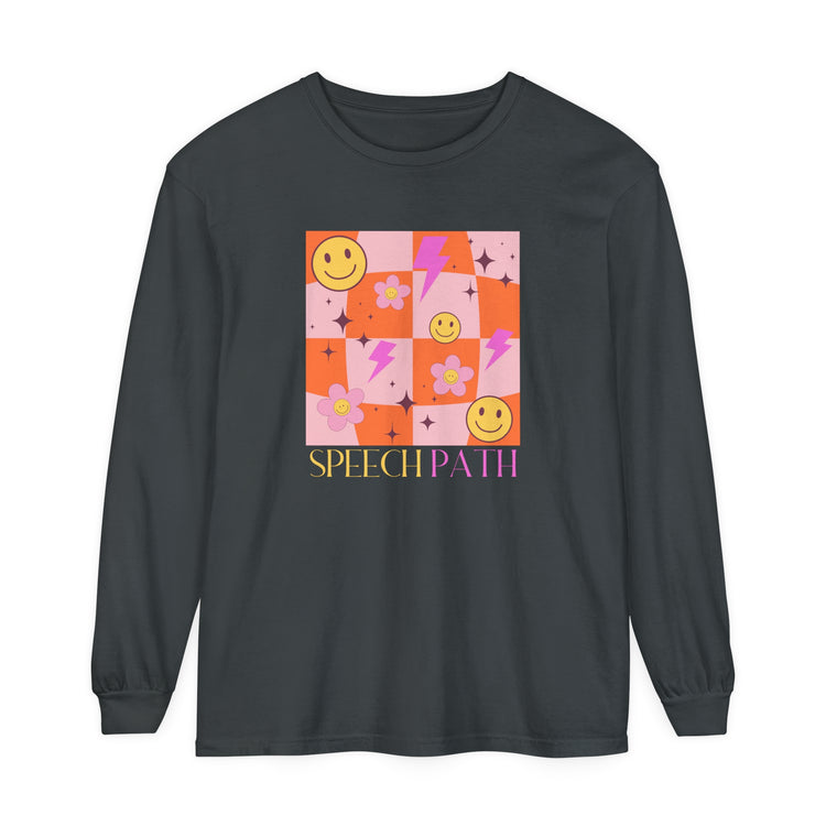 speech path disco smiley comfort colors long sleeve tee