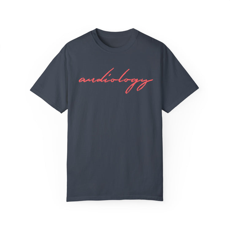 red cursive audiology comfort colors tee