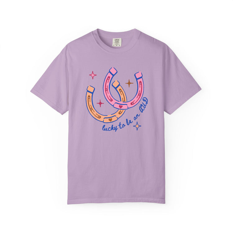 lucky to be an AUD horseshoe comfort colors tee