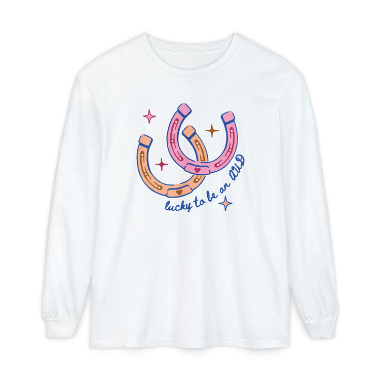 lucky to be an AUD horseshoe comfort colors long sleeve tee