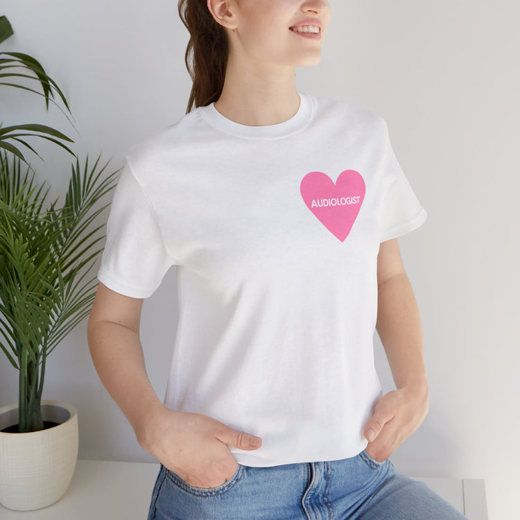 pink heart audiology arch short sleeve tee