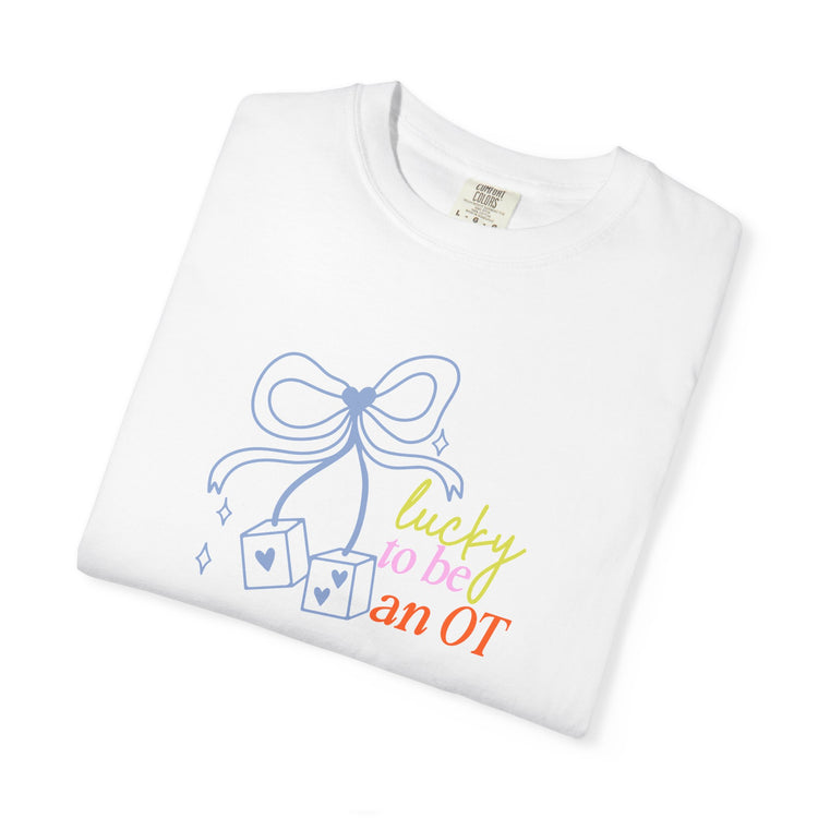 lucky to be an OT dice bow comfort colors tee