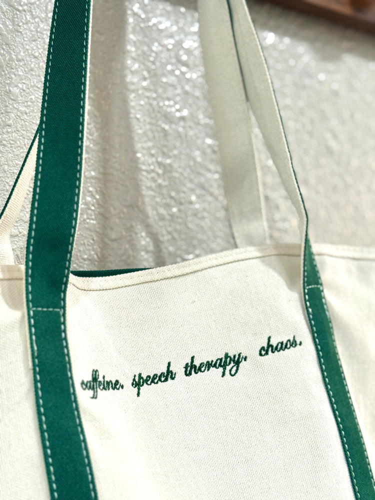 large caffeine. speech therapy. chaos canvas tote