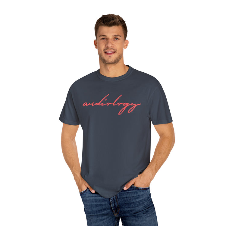 red cursive audiology comfort colors tee