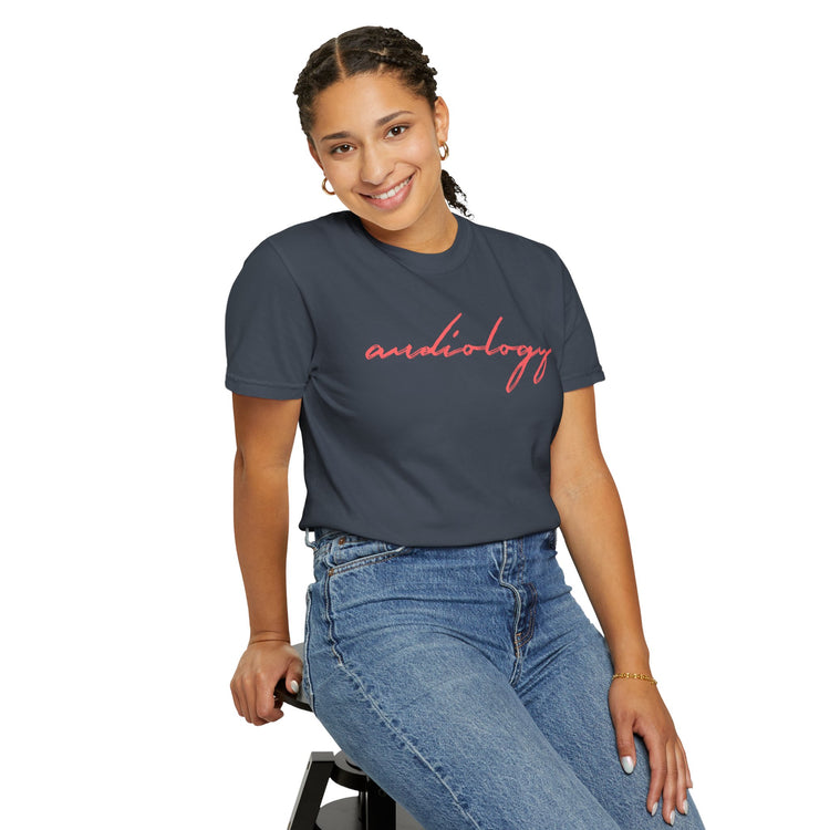 red cursive audiology comfort colors tee