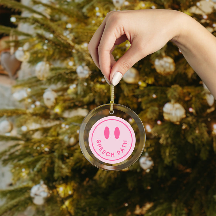 smiley speech path pink glass ornament