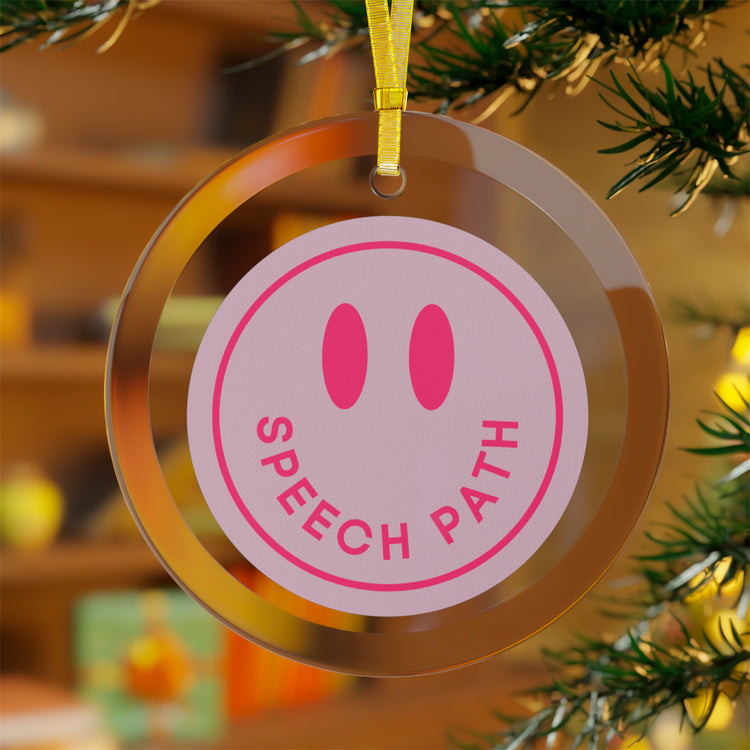 smiley speech path pink glass ornament