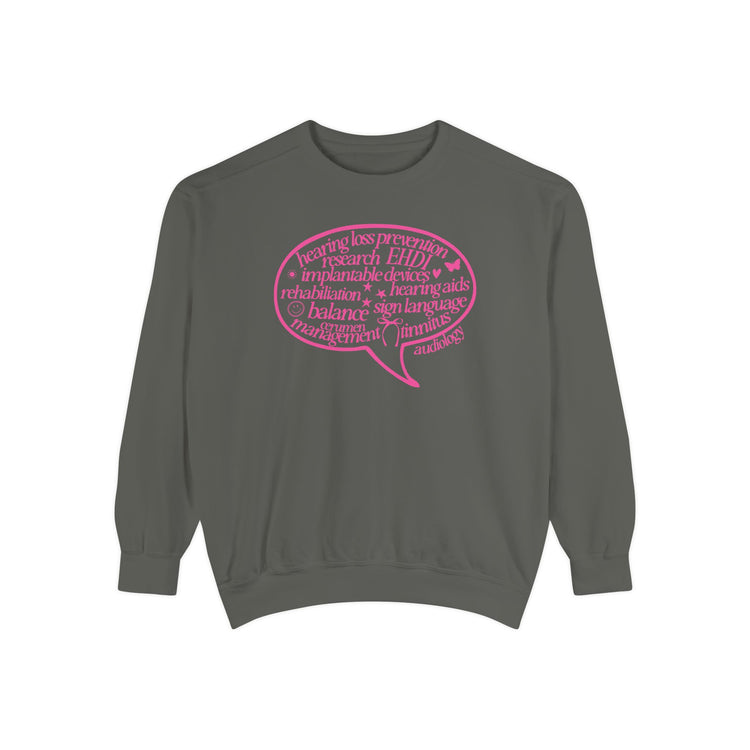 pink audiology scope speech bubble comfort colors crewneck