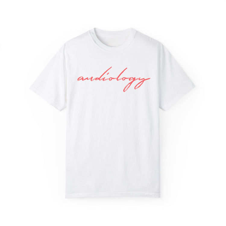 red cursive audiology comfort colors tee