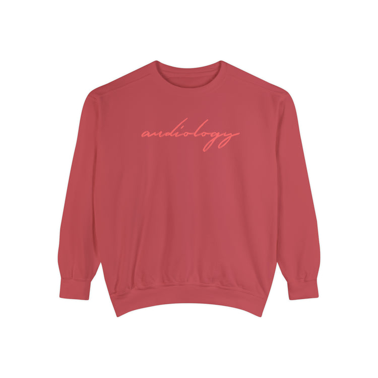 red cursive audiology comfort colors crewneck