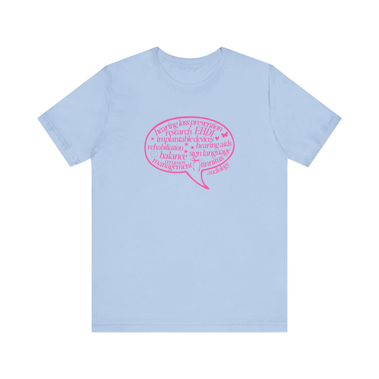 pink audiology scope speech bubble short sleeve tee