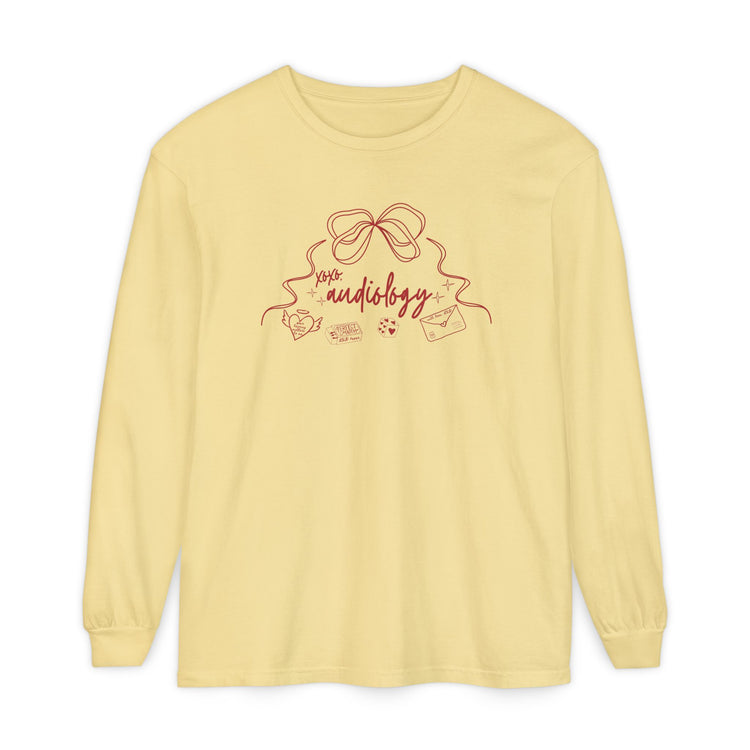 xoxo audiology bow comfort colors long sleeve tee