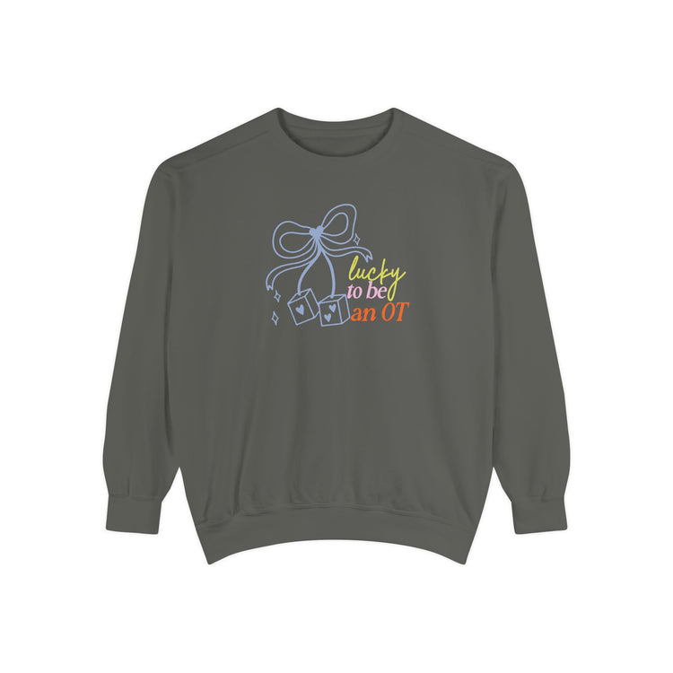 lucky to be an OT dice bow comfort colors crewneck