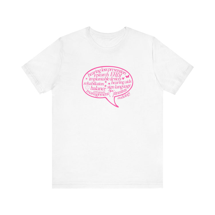 pink audiology scope speech bubble short sleeve tee