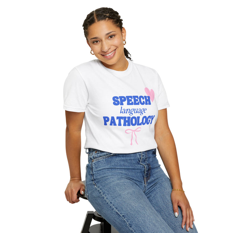 speech language pathology bow + heart comfort colors tee