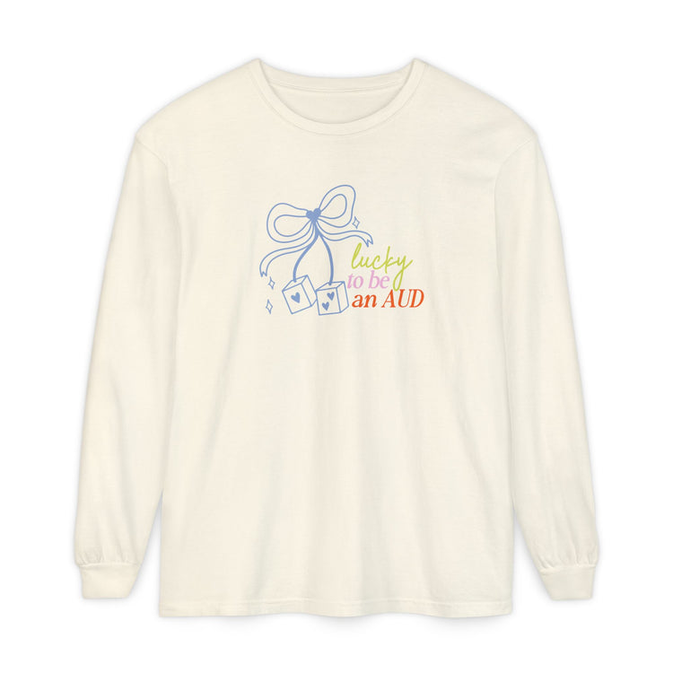 lucky to be an AUD! audiology comfort colors long sleeve tee