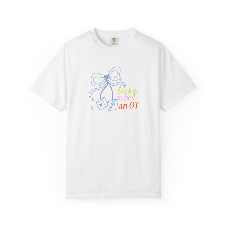 lucky to be an OT dice bow comfort colors tee