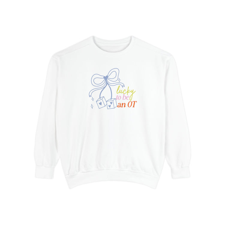 lucky to be an OT dice bow comfort colors crewneck
