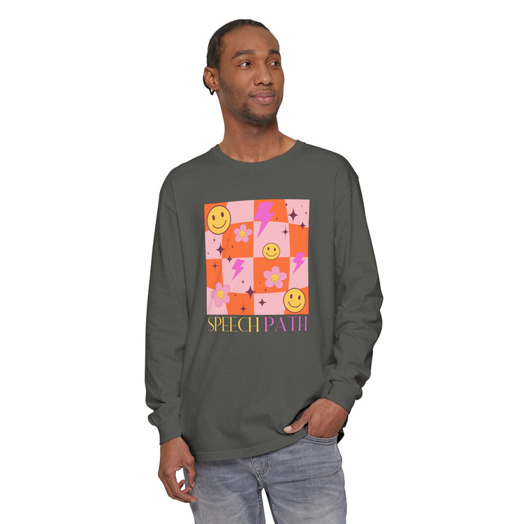 speech path disco smiley comfort colors long sleeve tee