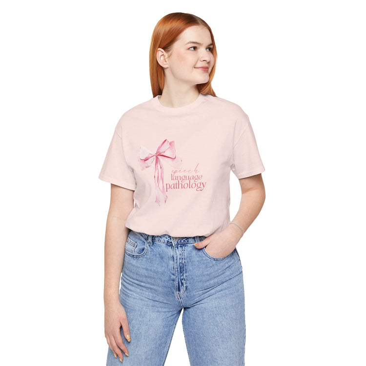 pink bow speech language pathology short sleeve tee
