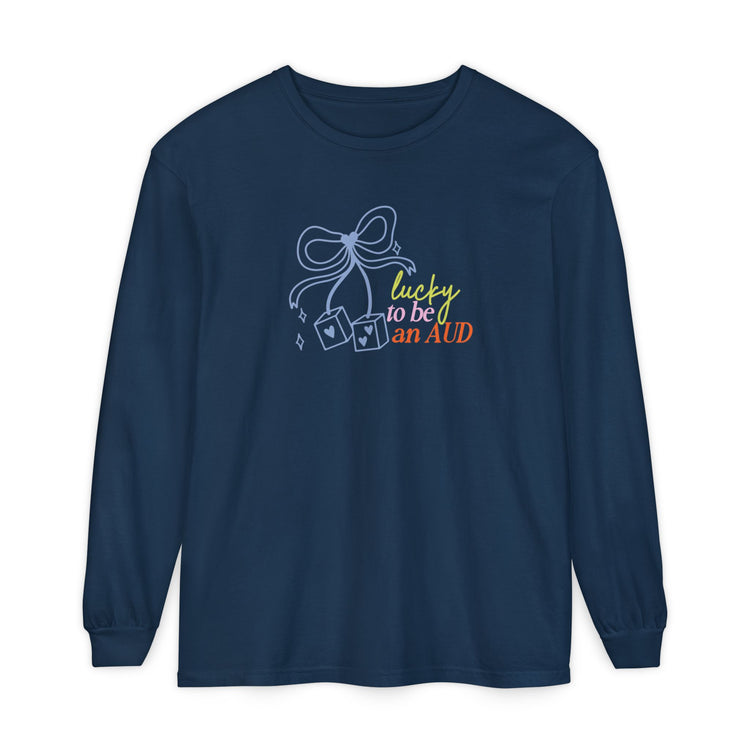 lucky to be an AUD! audiology comfort colors long sleeve tee