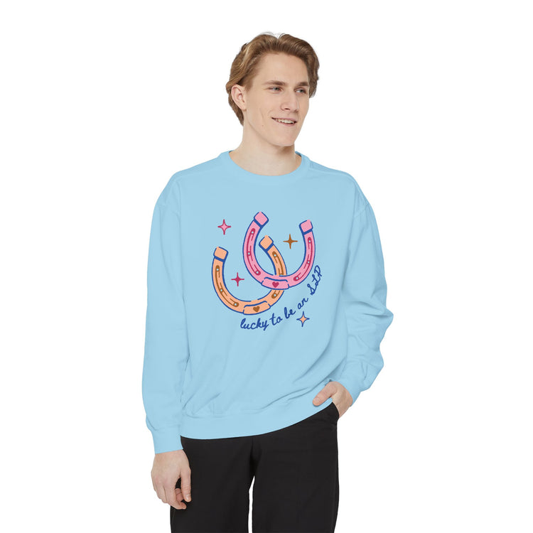 horseshoe lucky to be an SLP comfort colors crewneck