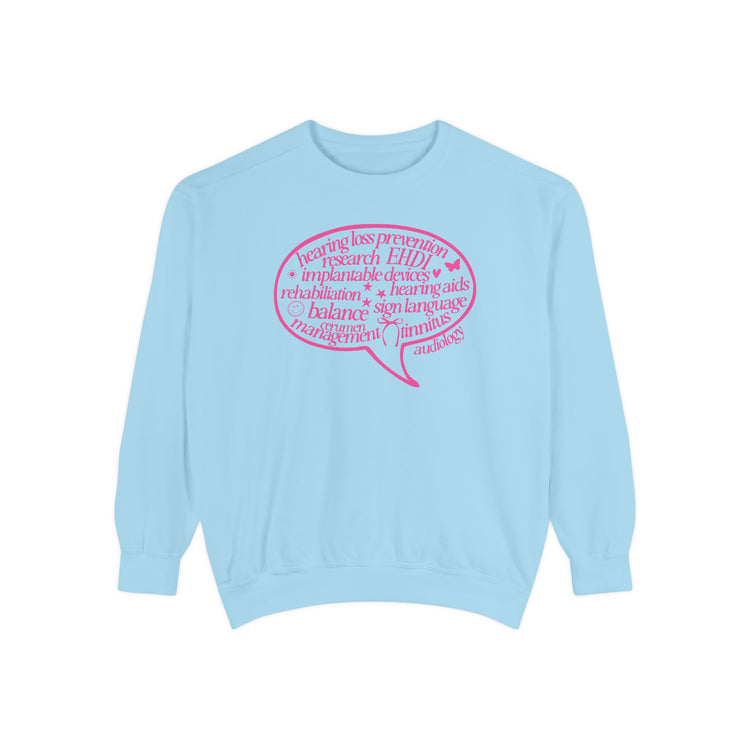 pink audiology scope speech bubble comfort colors crewneck