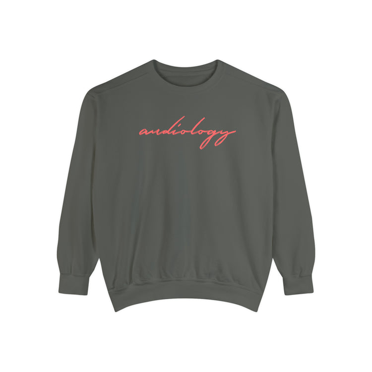 red cursive audiology comfort colors crewneck
