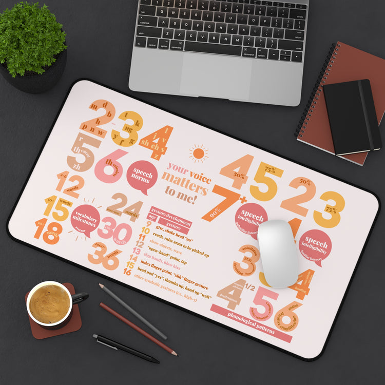 pink SLP developmental norms desk mat