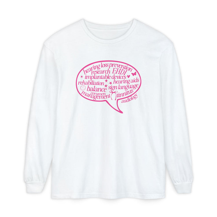 pink audiology scope speech bubble long sleeve tee